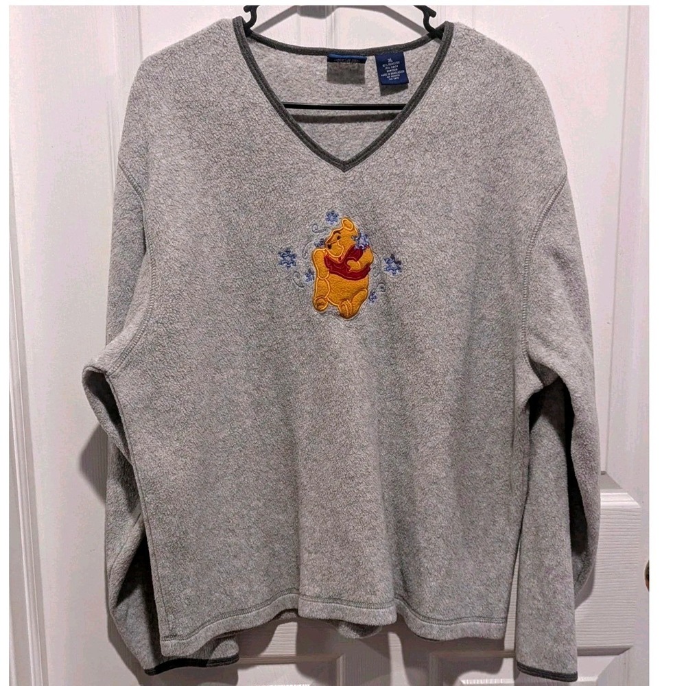 Cozycore Y2K Winnie the Pooh Embroidered Fleece Pullover Gray XL